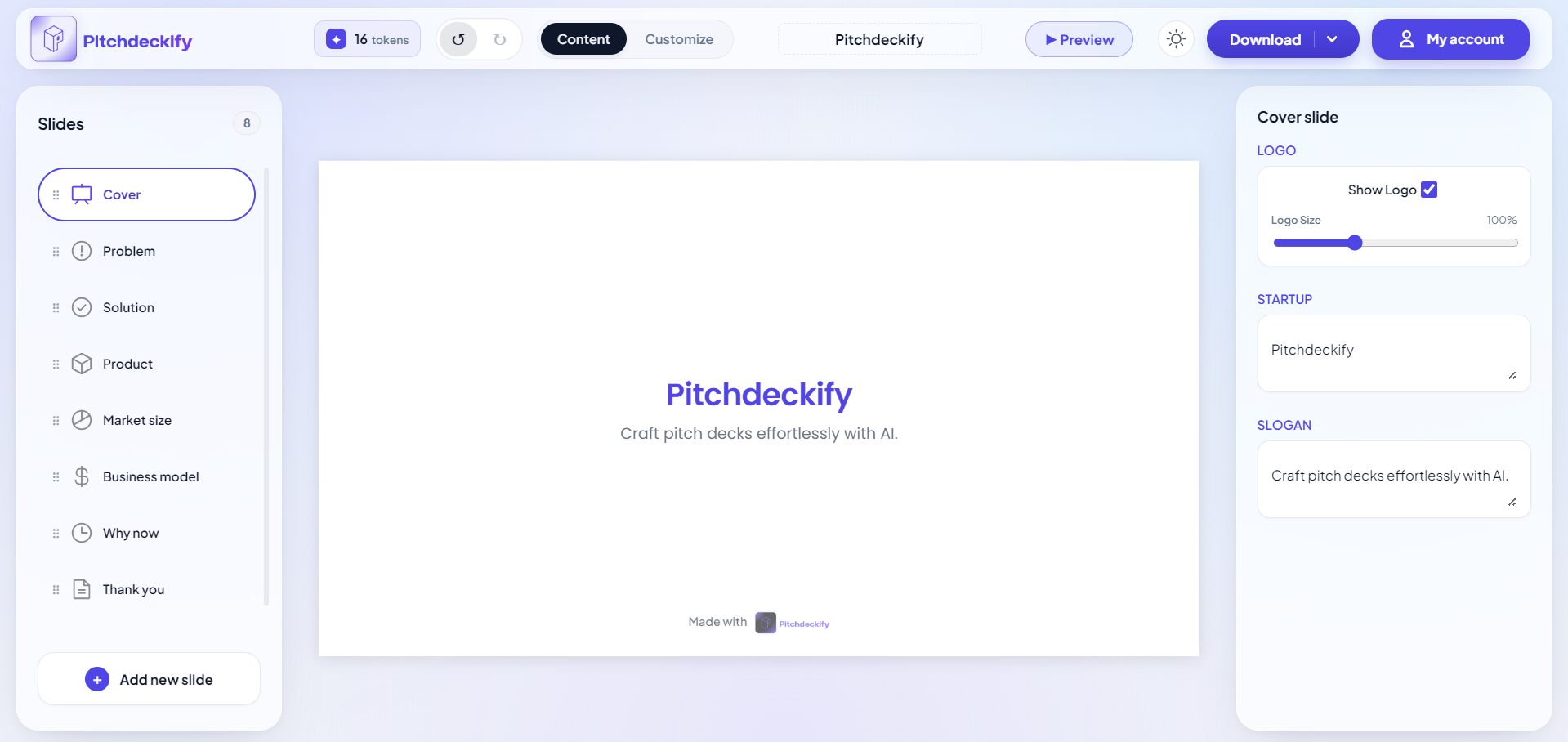 Pitchdeckify editor workspace showing a pitch deck cover slide